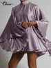 Casual Dresses Celmia Women Evening Fashion Sexig Backless Satin Party Flare Sleeve Stand Collar Short Robes Chic Vestidos 220916