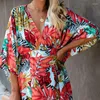 Casual jurken mode zomerjurk 2022 vrouwelijke sexy v-neck hoge taille vloer lengte cottagecore bedrukt een lijn met lange mouwen met lange mouwen