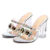 Slippels Shengy Summer Sexy Strijnstone Slipper vrouw PVC transparante Perspex Crystal Hoge Heel Peep Teen Mules Ladies Slides Shoes