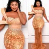 2022 Árabe Aso Ebi Gold Mermaid PROM Vestidos