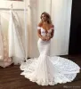 Sexy Full Lace Mermaid Wedding Dresses Sheer Backless With Buttons Off the Shoulder Long Train Bride Wedding Gowns