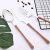 Flatware sets diner zilveren roestvrijstalen imitatie houten handvat serveergoed mes koffie lepel thee vork bestek set servies