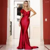 Casual Dresses V Neck One Shoulder Ruffled Full Length Maxi Dress Satin Stretch Padded Burgundy Green Prom Evening Party