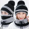 Basker 3st Vintermän fleece balaclava ansiktsmask kvinnor tjockare varm stickad pompom beanie hatt mössa halsduk set sport cykling