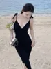 Casual Dresses Black Elegant Women Evening Dress Chic Simple Knit Deep V Strap Backless Bodycon Slit Midi Club Sexy Robe Femme Mujer