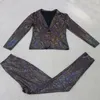 Calça de duas peças femininas femininas lantejoulas de lantejoulas de lenço de lesões de capa de manga longa blazer top lápis Fashon Clubwear