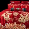 Ensembles de literie de mariage chinois de luxe 4/6/9 pièces ensemble Satin Jacquard coton or Long Phoenix broderie housse de couette drap de lit taies d'oreiller