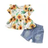 Roupas conjuntos de roupas doces garotas roupas de verão impressão floral manga curta t-shirt tops casuais shorts jeans rasgados