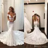 Sexy Full Lace Mermaid Wedding Dresses Sheer Backless With Buttons Off the Shoulder Long Train Bride Wedding Gowns