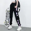 Herrbyxor kvinnors lastsp￤nne band ficka jogger elastisk midja h￶g streetwear harajuku byxa punk ringkedja kvinnor byxor