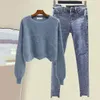 Frauen Zwei Stück Hosen 2022 Herbst Frauen Solide Oansatz Gestrickte Pullover Und Jeans Set Koreanische Denim Anzug Outfit Q680