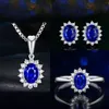 Yeni Varış Saprkling Lüks Takı Seti 925 STERLING Gümüş Oval Kesim Mavi Safir CZ Diamond Kadın Düğün Küpe Yüzük Hediye291T