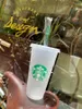 Starbucks 24oz/710ml Plastikbecher, wiederverwendbar, transparent, zum Trinken, flacher Boden, säulenförmiger Deckel, Strohhalmbecher, Bardian