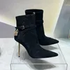 Stivaletti con tacco a spillo Fibbia con lucchetto dorato decorare scarpe da donna roman martin Cowskin Cashmere cerniera punta a punta Stivaletto da combattimento con tacco alto Fashion Boot 35-42