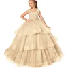 Söt prinsessan Flower Girls Dresses Wedding Off Shoulder Long Lace Pärlor Tulle Puffy Ruffles Party Children For Birthday Girl Pageant Gowns 403