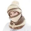 Basker 3st Vintermän fleece balaclava ansiktsmask kvinnor tjockare varm stickad pompom beanie hatt mössa halsduk set sport cykling