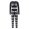 Women's Two Piece Pants Ladies Black Skeleton Suit Bare Belly Knit Long Sleeve Top Slim Halloween Nightclub Dress Up Y2K90S Streetwear