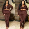 Survêtements Velours Plus Taille Deux Pièces Femmes Ensemble Marron Fermeture À Glissière Col En V Haut Et Pantalon Costume Legging Survêtement Correspondant Tenue 4XL 5XL