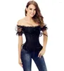 Bustini Corsetti S-XXL Donne sexy Fiocchi neri Sweetheart Lace Up Back Corsetto Tracolla Disossato Basco Bustier Top con manica