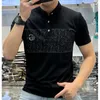 Polos pour hommes strass manches courtes chemises à revers mince lettre broderie chemise pour hommes mode coréenne affaires décontracté vêtements masculins