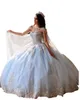 Vestidos brilhantes quinceanera lace lace ball vestido sweetheart with cape cristal miçangas azul claro back tule tulle doce festa baile de noite vestidos de noite s