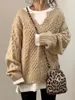 Damenpullover Herbst- und Winterstrickpullover Twist-Muster Lose lässige Damen V-Ausschnitt Langarmpullover Lazy Style Mantel