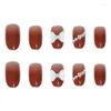 False Nails Fake Gradient Orange Red 24pcs/set Press On Round Mid-length Fashion Almond Shape With Bow Fingertip Art