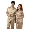 Men's Sleepwear Spring Summer 2-Piece Set Pajamas For Couples Loose Stain Ice Silk PJs Home Men's Clothing Long Sleeve Costumes