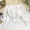 Blusas femininas de renda de renda de retalhos de manga bafada camisa de manga Mulheres verão o pescoço Jumpers de chiffon