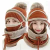 Basker 3st Vintermän fleece balaclava ansiktsmask kvinnor tjockare varm stickad pompom beanie hatt mössa halsduk set sport cykling