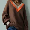 Suéteres femininos inverno outono listrado marrom malha oversize quente solto jumper grosso vintage v pescoço para mulher 220916