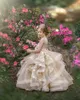 Girl Dresses Lovely Champagne Flower Girls 2022 Sheer Tulle Ball Gown Pageant Kids Formal Party Dress With Pink Sash Belt