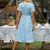 Casual Dresses Womnes eleganta V-hals Ruched Midi Dress Summer Retro Yellow Red Floral Print Kvinna A-Line Beach Long Robe