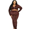 Survêtements Velours Plus Taille Deux Pièces Femmes Ensemble Marron Fermeture À Glissière Col En V Haut Et Pantalon Costume Legging Survêtement Correspondant Tenue 4XL 5XL