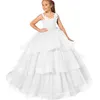 Söt prinsessan Flower Girls Dresses Wedding Off Shoulder Long Lace Pärlor Tulle Puffy Ruffles Party Children For Birthday Girl Pageant Gowns 403