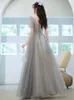 Fancy Gray Evening Dresses V-Neck Short Sleeves Lace-up Back Floor Length Prom Gowns