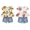 Roupas conjuntos de roupas doces garotas roupas de verão impressão floral manga curta t-shirt tops casuais shorts jeans rasgados