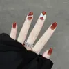 False Nails Fake Gradient Orange Red 24pcs/set Press On Round Mid-length Fashion Almond Shape With Bow Fingertip Art