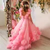 Lovely Pink Flower Girls Dresses V Neck Tulle Cap Sleeves Hand Made Flowers High Low Sweep Train Kids Birthday Girl Pageant Gowns Open Back 403