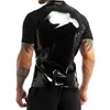 Catsuit Costumes Mens Patent Leather Tees Tops Round Neck Sheer Mesh Short Sleeves Half Front Zipper T-Shirts Tops Wet Look Clubwear