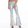 Damesbroek capris sexy pu lederen metalen broek glanzende holografische flare broek vrouwen meisjes bodycon elastische taille bell bodem broek clubkleding 220916