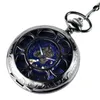 Pocket horloges zwart bloembladen blauw gezicht mechanisch horloge retro flip hollow heren en dames