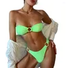Kvinnors badkläder Kvinnor Baddräkter 2 Peices Solid Color Low Cut Padded BH BRICES trosor med Ring Sexig Bikini Set Bandeau Beach