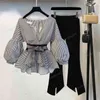 Women's Two Piece Pants Spring Summer 2 Pcs Suits Women's Striped Bow Lantern Seve Blouse & Black Split Flare Seve Pants Set S-3XL 0919H