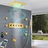 Ensemble de douche encastré au plafond doré de luxe en acier inoxydable 304, pomme de douche thermostatique à LED de pluie et cascade de 16 pouces avec haut-parleur de musique