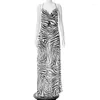 Повседневные платья Элегантное тонкое платье макси под зебру с открытой спиной и разрезом для женщин 2022 Летние каникулы Лонг-Бич