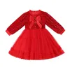 Big Girls Chirstmas Party Dresses Kids Bows paljett långärmad skarv spets tyllklänning barn röd gaspinnen kläder q86995527683