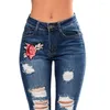 Jeans feminino Bordado Bordado Padrão Multi Pockets Mulheres Ripped Hole Tassel Midcure calças de jeans Boa de elasticidade