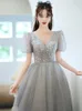 Fancy Gray Evening Dresses V-Neck Short Sleeves Lace-up Back Floor Length Prom Gowns