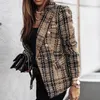 レディーススーツブレザースーツの女性格子縞のブレザージャケットツイード長袖ダブル胸スーツスリムコートフィッティングオフィスレディーススプリングムーニュム衣類220919